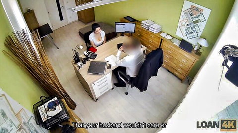 Alex Black negotiates loan with agent in office, seductive pose