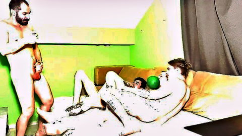 Young twinks in gay threesome, nude anal play on couch
