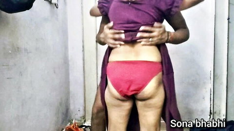 Sona Bhabhi's thick ass in red panties grabbed by man in Indian desi scene