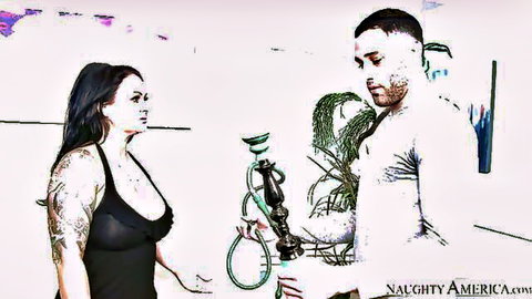 Maci Maguire MILF with big tits and tattoos sharing hookah with younger guy