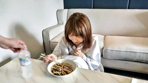 Iroha 21yo cute Japanese college girl in robe eating noodles