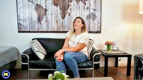 Horny Granny Julia in white tee and jeans, mature blonde solo