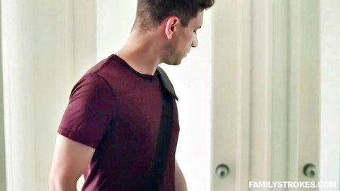 Kagney Linn Karter FamilyStrokes teaser: handsome man in maroon shirt near door