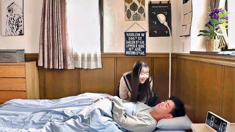 Japanese schoolgirl in uniform sneaks up on sleeping man in love doll JAV fantasy