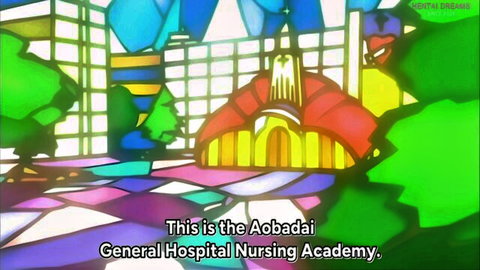 Anime hentai intro scene of colorful Abadai General Hospital Nursing Academy building.