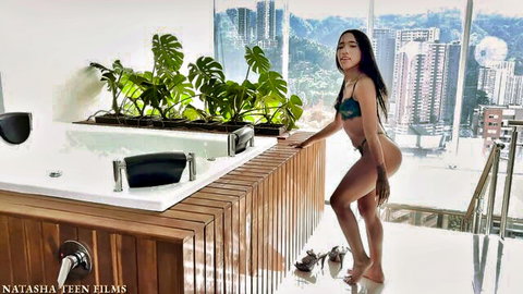 Ainhoa Campbell in sexy green lingerie posing with big ass view