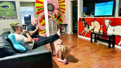 Dixie Lynn as naughty ottoman in MMF threesome, blonde babe on all fours