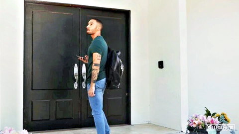 Valentina Nappi horny teen scene: tattooed man at door with flowers, backpack