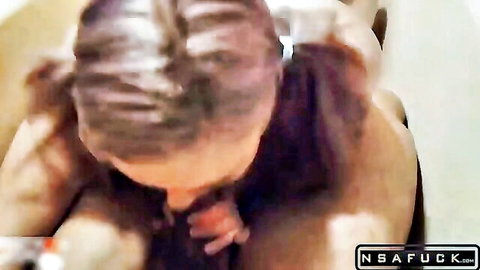 Cute teen brunette deepthroating cock in bathroom close-up