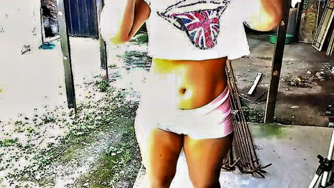 Latina neighbor in Union Jack crop top and white panties, teasing belly and thighs