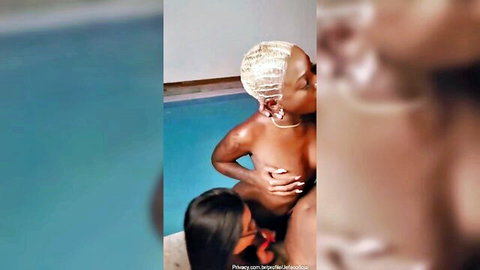 Poliana Pretinha and Kaumartins ebony lesbians topless poolside embrace