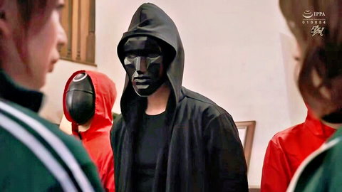 Squid Game porn parody with masked Asian players in green tracksuits