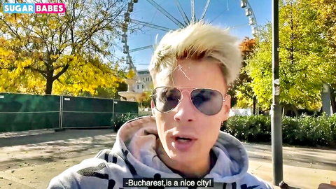 Blonde sugar babe Lila Evance receives cash from Sakis outdoors