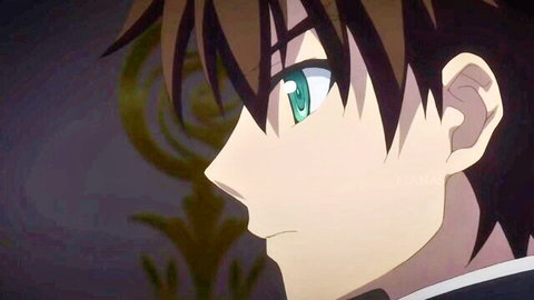 Anime hentai boy with intense green eyes and determined profile view