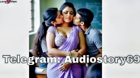 Two busty Indian women in deep-cleavage sarees passionately kissing young guy on lips and cheek