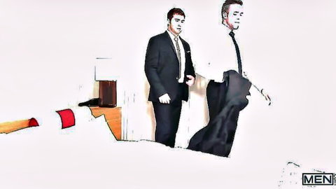 Connor Maguire and Alex Mecum in suits, intimate bedroom pose