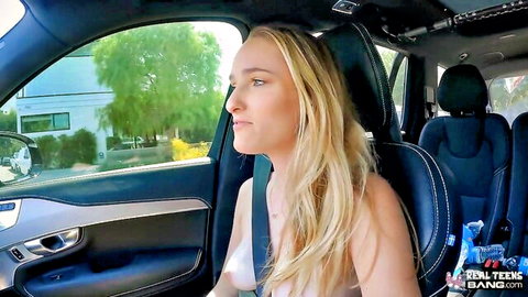 Blonde babe with natural tits topless in car seatbelt looking sideways out window