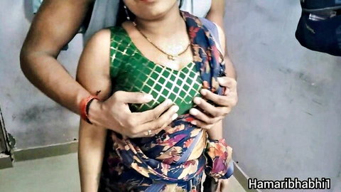 Desi bhabhi Devi groped by Abhi in green blouse and saree, Indian couple foreplay