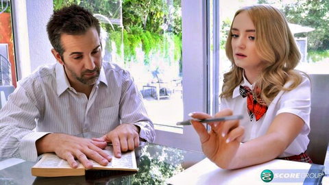 Petite blonde teen schoolgirl in uniform shows phone to teacher seductively