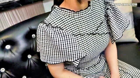 Asian beauty with big tits in checkered dress, cool shy expression