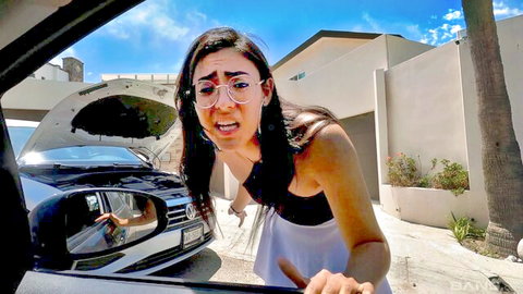 Krista Reyes distressed Latina roadside with broken car, white top skirt