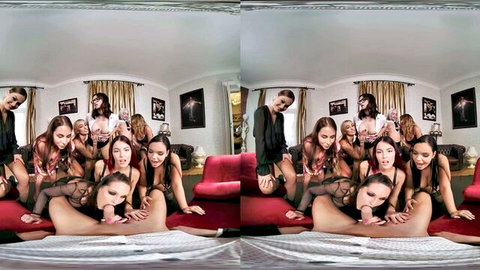 Group of lingerie-clad women engaging in oral group sex with a man