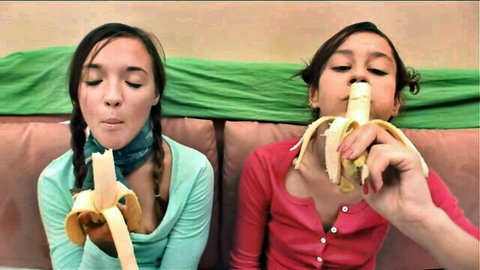 Isabella Angelina and teen friend teasing with bananas in cute tops