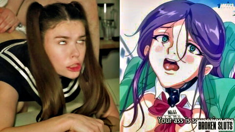 Brunette teen in sailor uniform makes ahegao face with crossed eyes tongue out next to anime purple-haired slut