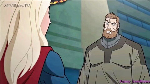 Blonde anime superhero in tight blue-red suit faces bearded muscular man in sci-fi armor