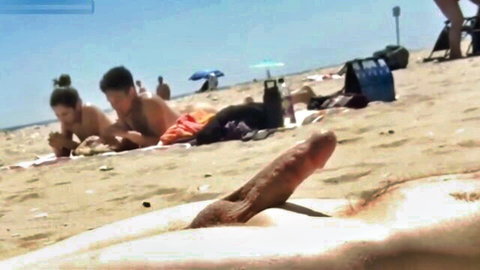 Girls react to guy's erection and ejaculation on sunny beach