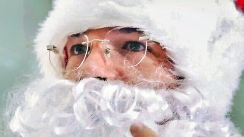 Mischievous Santa Claus in glasses surprising stepmom during naughty encounter