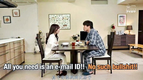 Clothed Japanese couple with long-haired skinny wife eating at kitchen table in homemade scene
