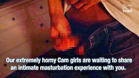 Horny cam girl teases blurred cock with hands in unbuttoned jeans
