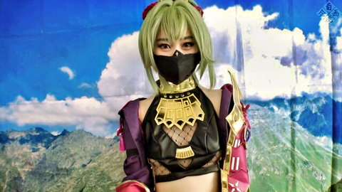 Green-haired Asian cosplay girl exposing tits and pussy with man in JAV scene