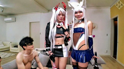 Two Japanese cosplay girls in skimpy outfits with shirtless guy in JAV threesome