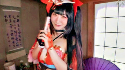 Asian cosplayer in revealing red kimono with big tits and long black hair