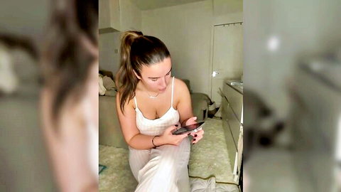 Maisie Smithx in white lingerie on webcam, seductive phone pose