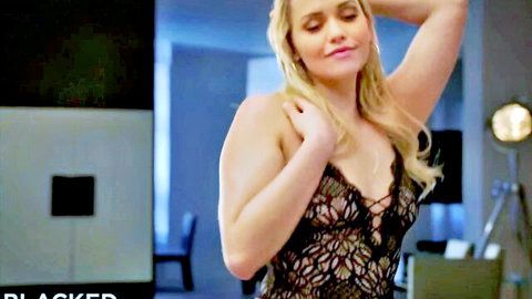 Blonde star Mia Malkova in sexy black lace lingerie, seductive pose