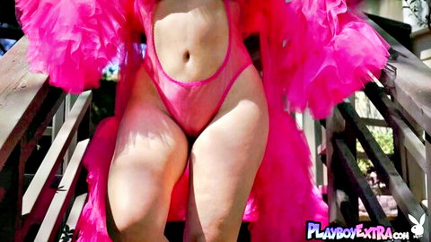 Antonella La Sirena in sheer pink lingerie, teasing outdoors by the pool