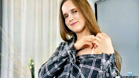 Brunette Adelaida teasing in open plaid shirt and white bra