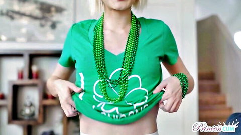 Blonde step sister topless in green necklace and stockings on St. Patrick's Day
