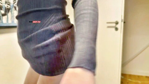 Petite fair-skinned girl pulls up gray ribbed sweater teasing pale ass cheeks