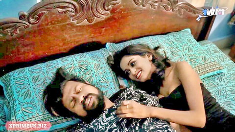Antim's romantic Indian morning tease with lover in bed, black dress seduction