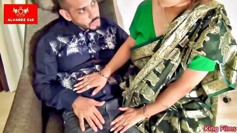 Tina in green saree seductively touching her Indian beau's thigh