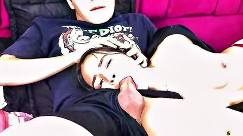 Brunette with natural tits gives sloppy blowjob on couch as guy grips her head