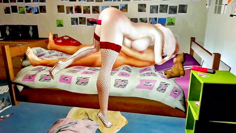Fishnet-clad pale babe in red garters bent over bed taking thick dildo in pussy doggystyle