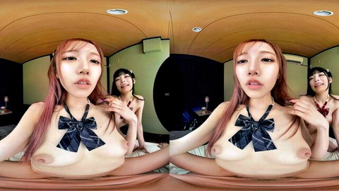 Two topless Asian schoolgirls with big bow ties on bare tits fondle each other in VR bedroom