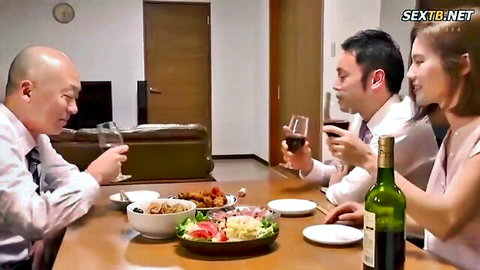 Asian adultery dinner scene: two men and women toasting wine, clothed flirtation - Alena Anilos