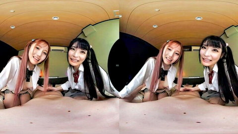 Two Japanese schoolgirls in uniforms teasing with panties visible in VR POV