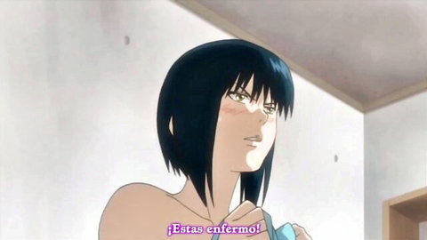 Topless black-haired anime girl with flushed face in hentai scene
